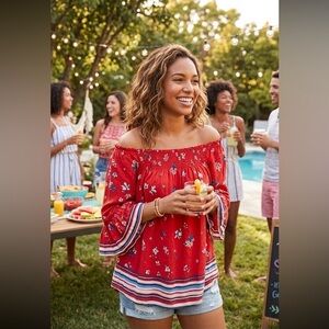 Beach, lunch lounge, red bohemian blouse, size medium